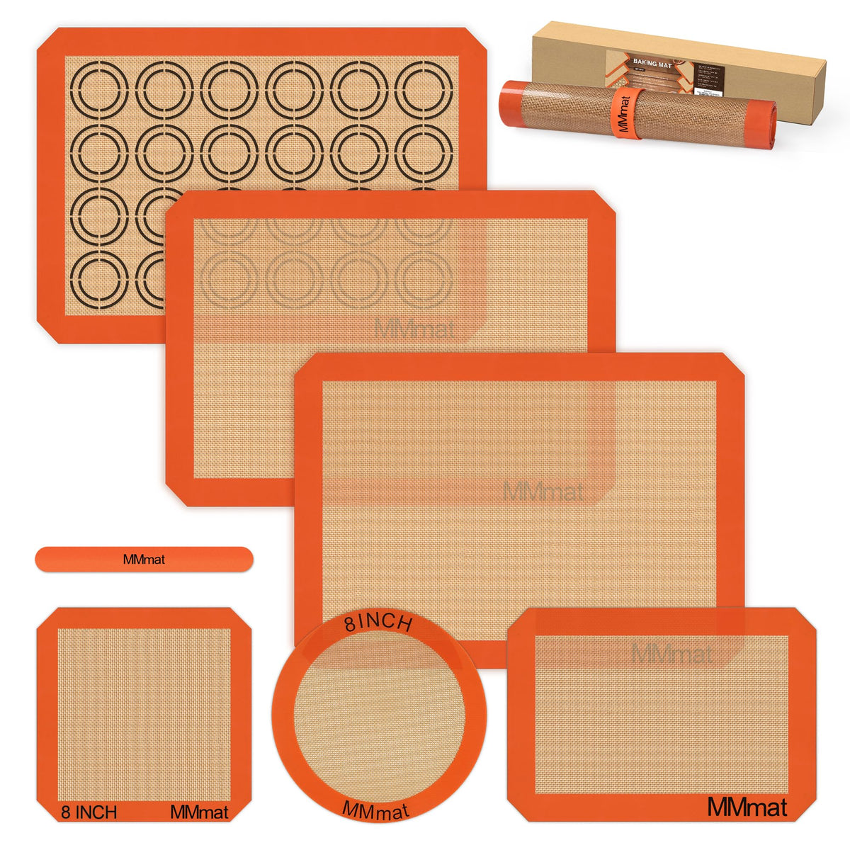 MMM MAT silicone baking mats set with non-stick surface for easy food release.