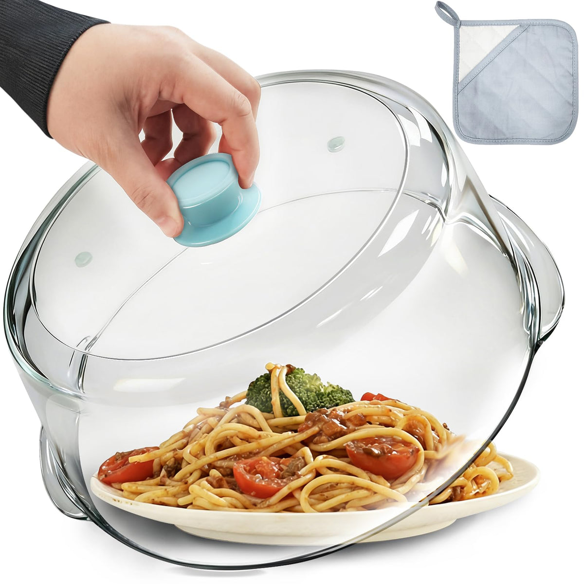 MMNSZRYBO8 tall glass microwave lid in use over a bowl, protecting surfaces from splatters.