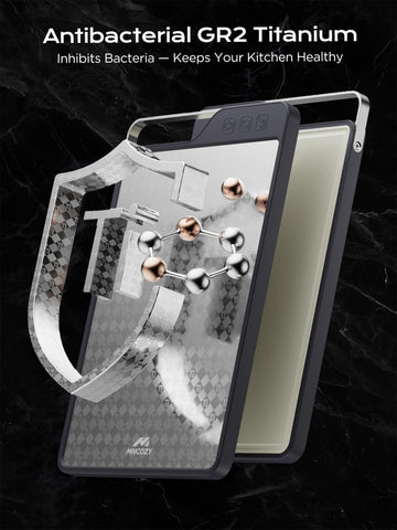 MNCOZY cutting board with juice groove capturing liquids to prevent spills.