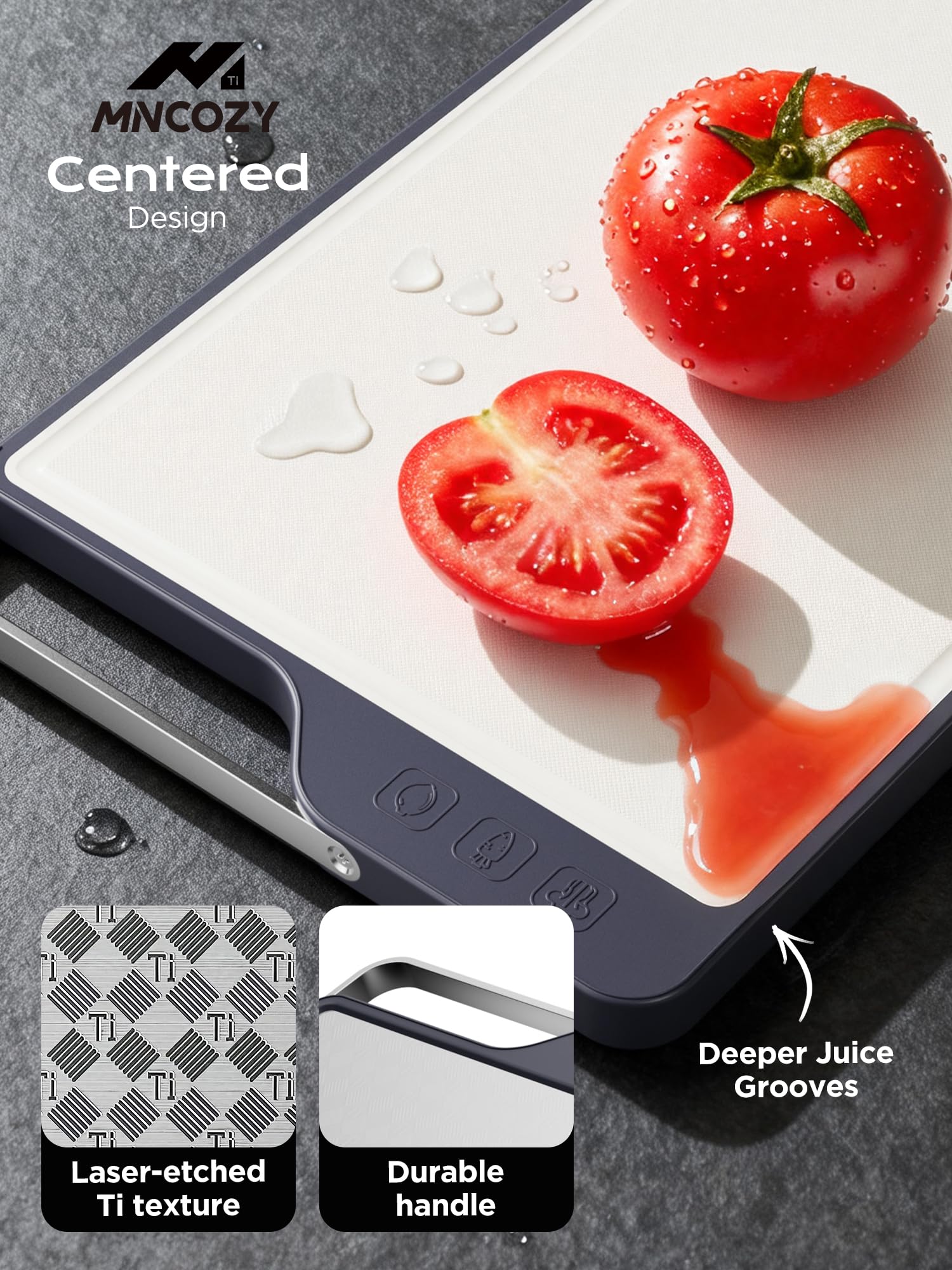 MNCOZY cutting board protects knives by absorbing impact during chopping.