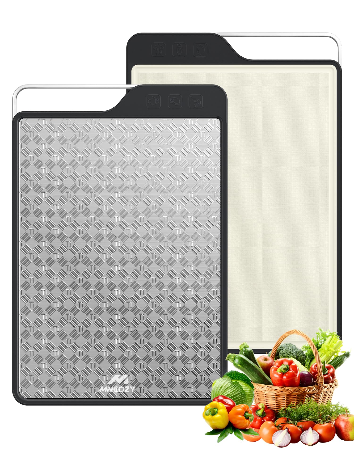 MNCOZY titanium cutting board closeup of checkered-design for meat prep.