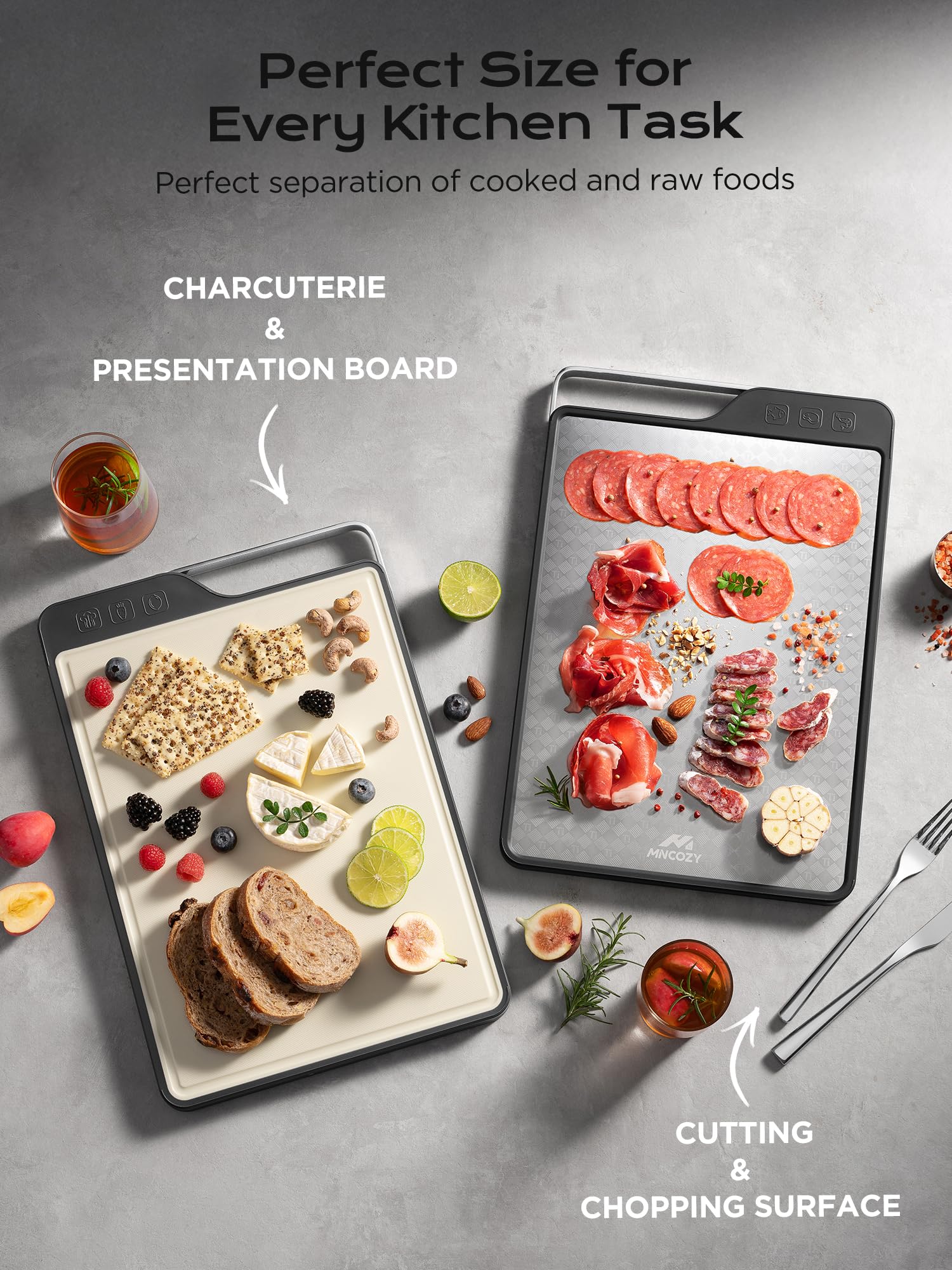 MNCOZY titanium cutting board shows double-sided surface for meat and produce.