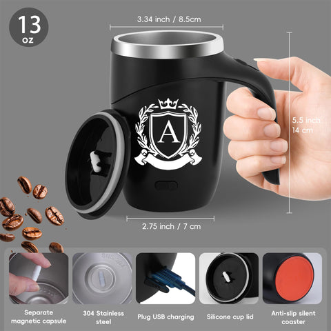 MNZZ Initial Magnetic Stirring Mug insulated body keeps hot or cold drinks longer