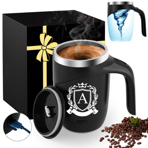 MNZZ Initial magnetic stirring mug with lid handle for on-the-go mixing and easy one-handed use