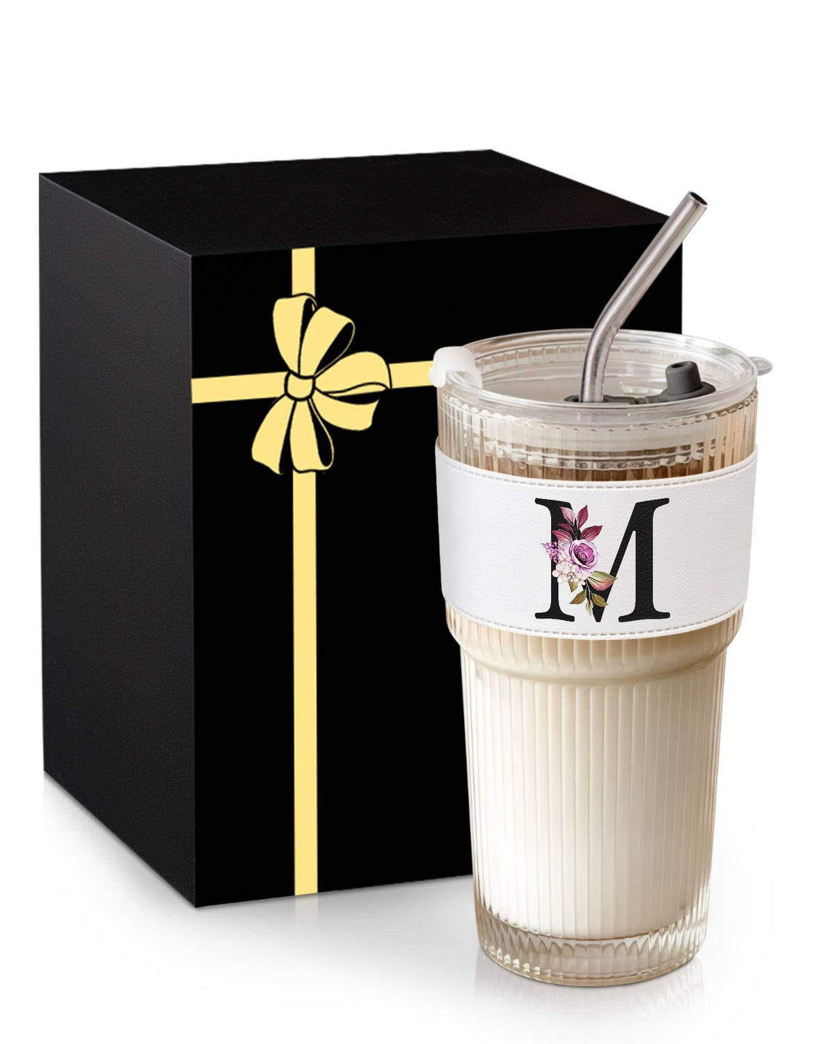 MNZZ monogram belt glass cup with lid, ideal for daily hot or cold drinks.
