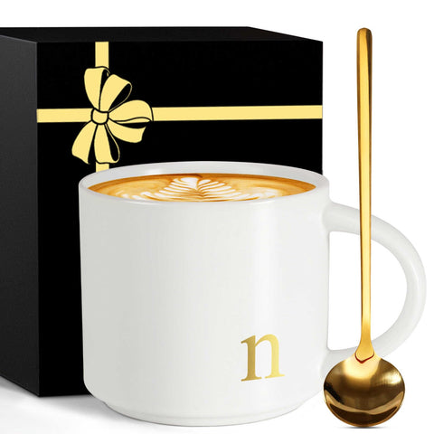 MNZZ monogrammed ceramic mug with gold letter design for daily coffee.