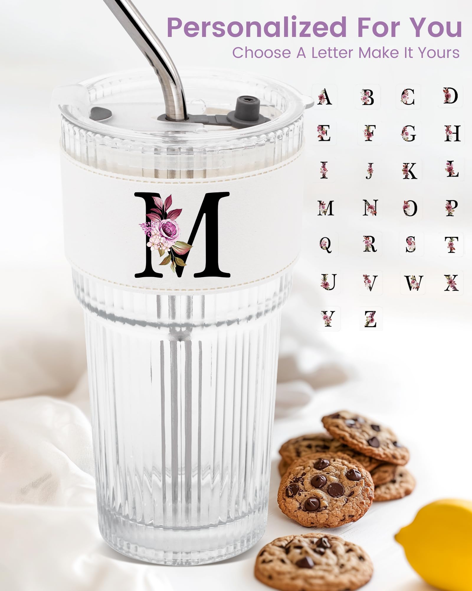 MNZZ ribbed glass tumbler with straw offers a comfortable grip for on-the-go sipping.