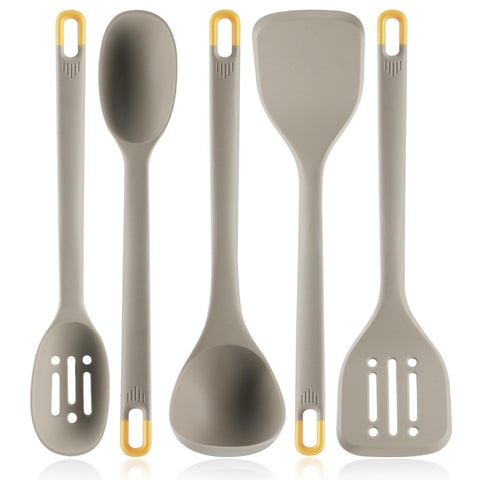 MOACC silicone utensils set full view with long 13.6 inch handles for safe cooking on non-stick pans.
