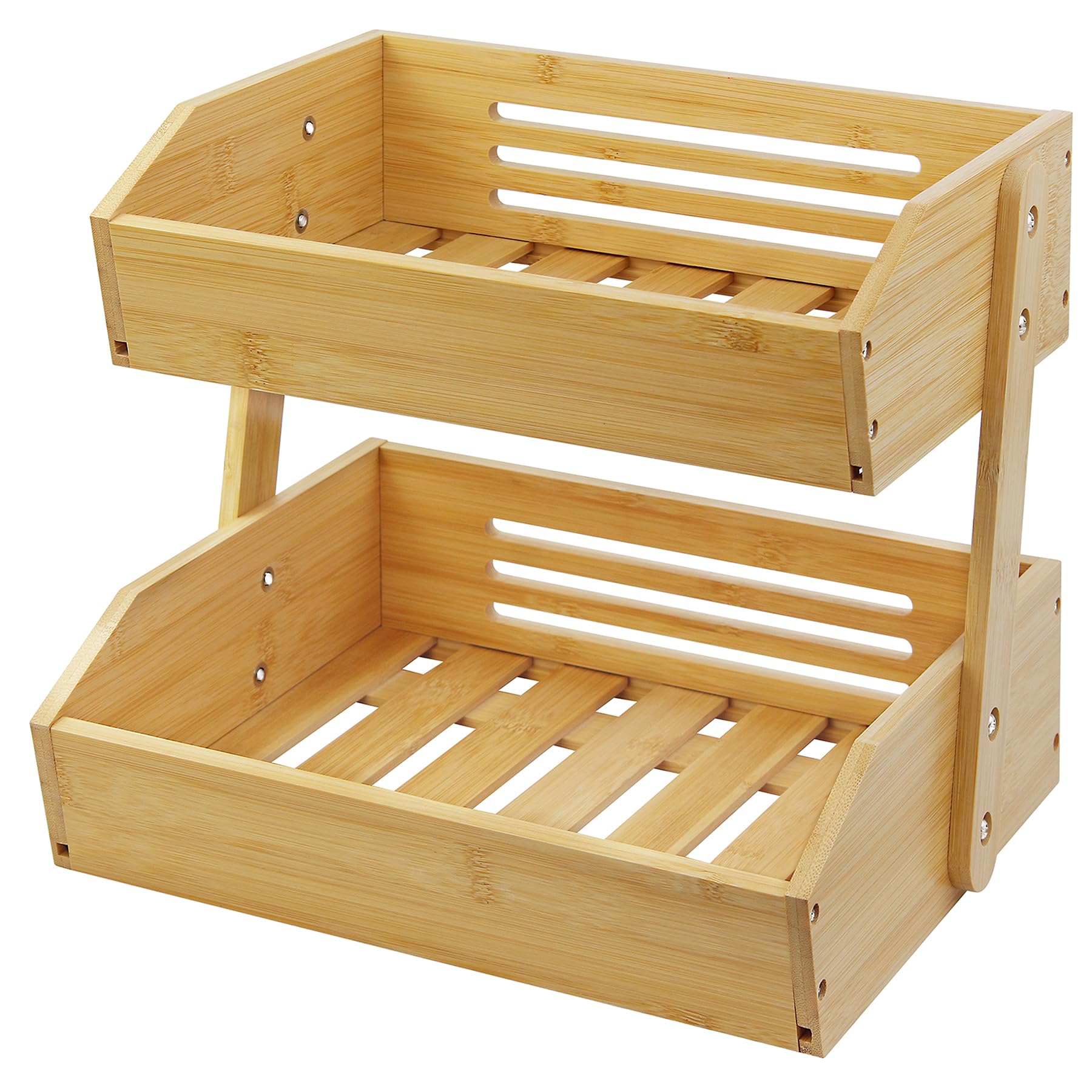 Mobzio two-tier fruit basket stand front view showing organized produce and easy access.