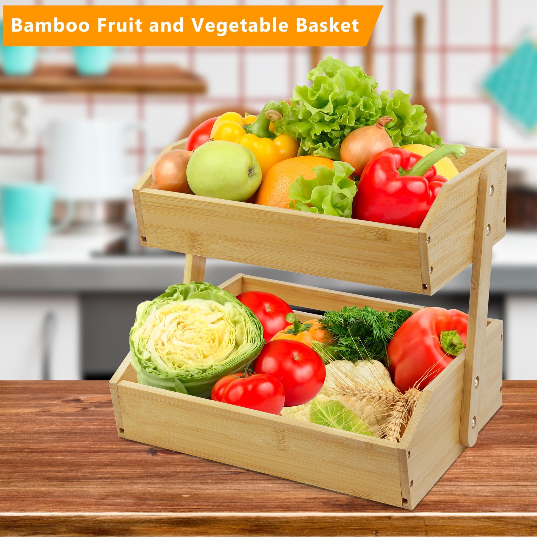 Mobzio two-tier fruit basket stand side view emphasizing space-saving design.