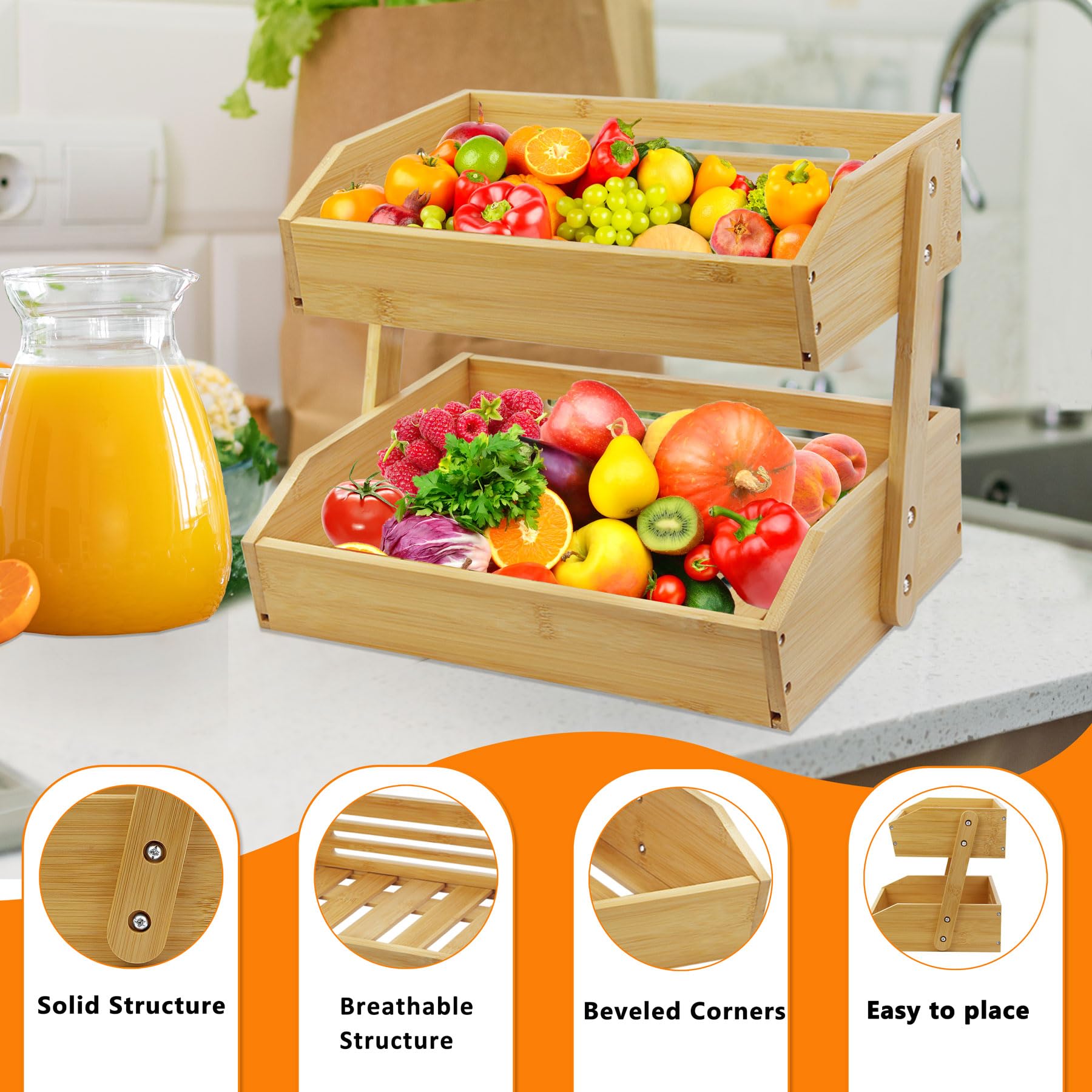 Mobzio two-tier display filled with fruits and vegetables for pantry organization.