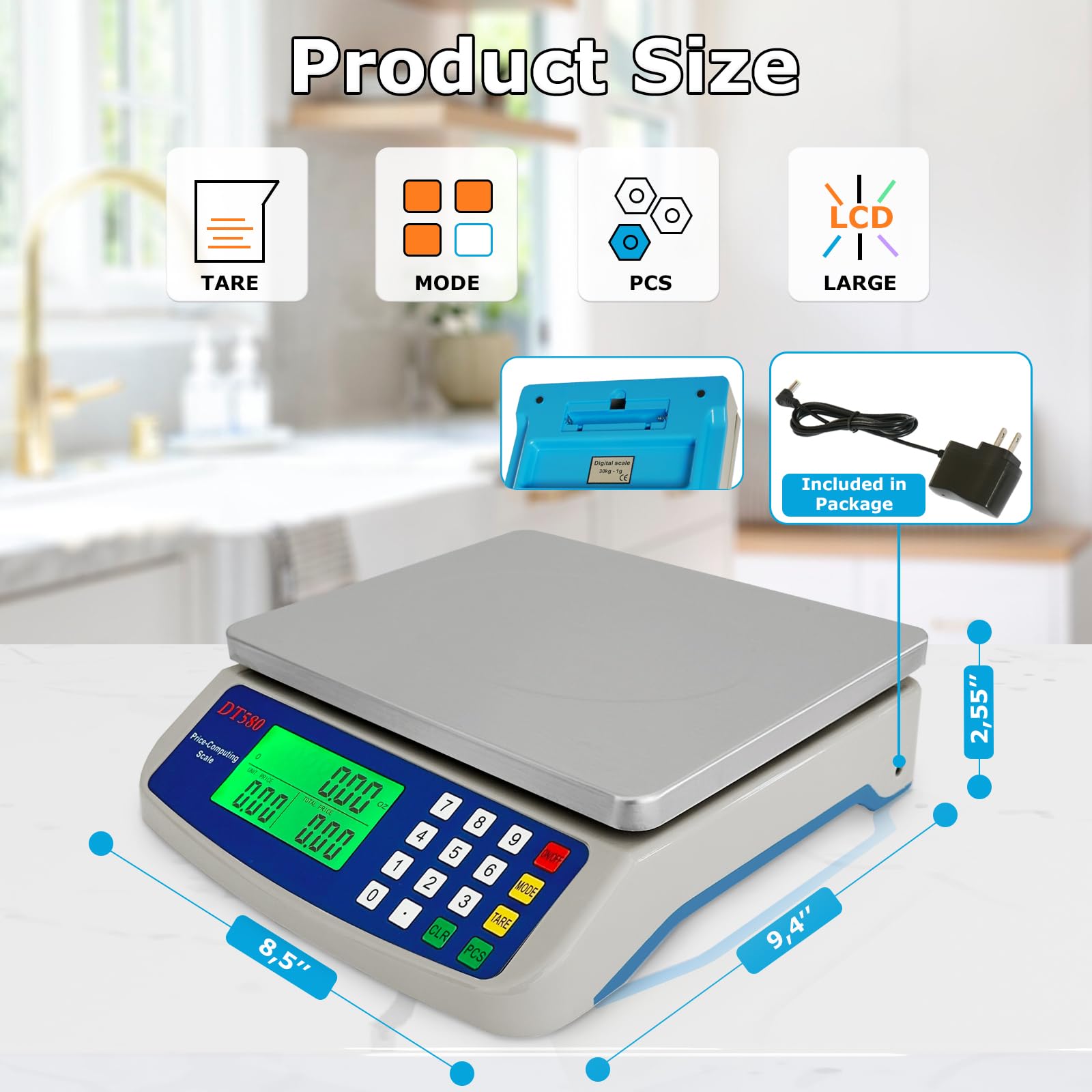 MOCCO scale LCD display with green backlight for easy reading.