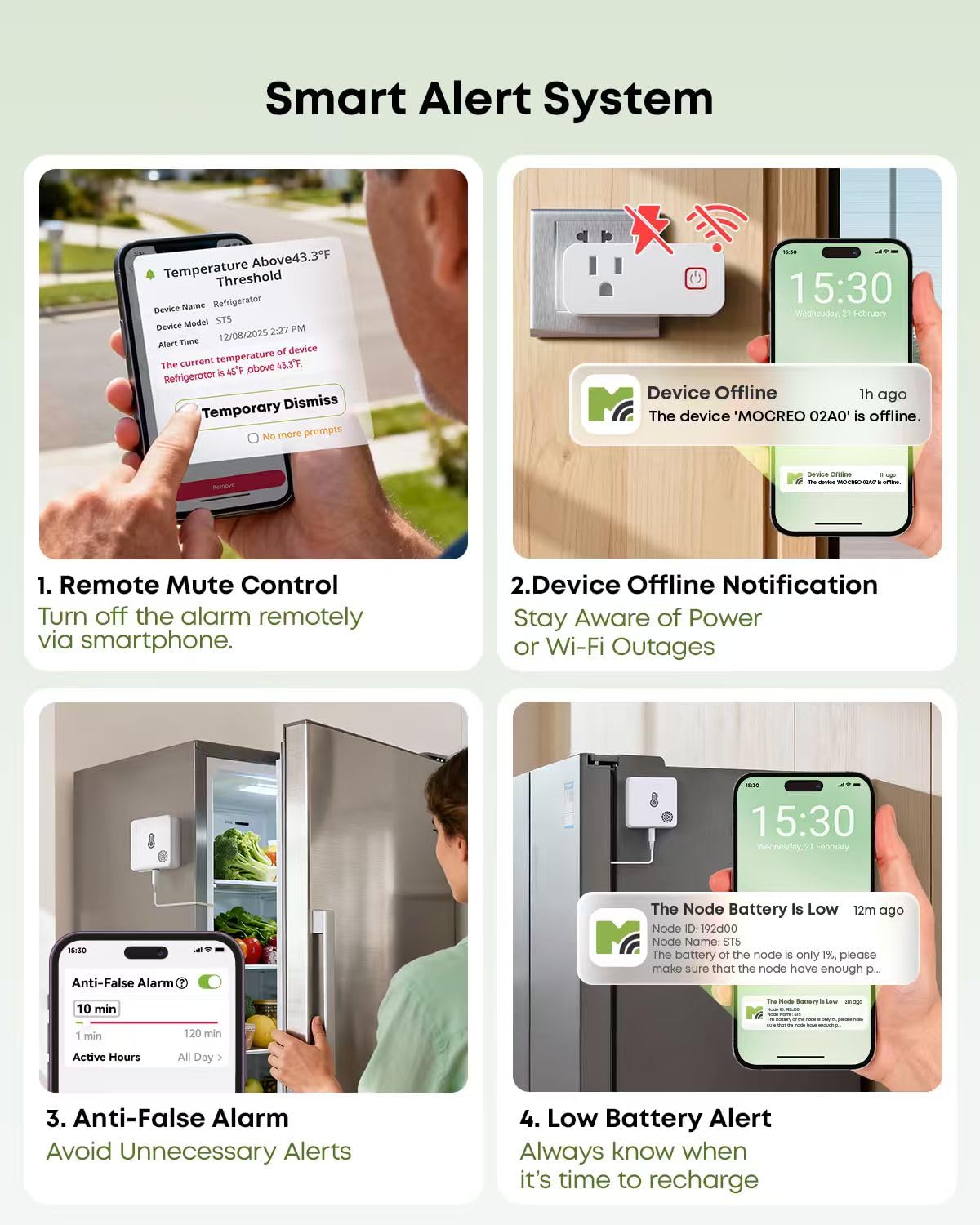 MOCREO anti false alarm feature reduces nuisance alerts during door openings.