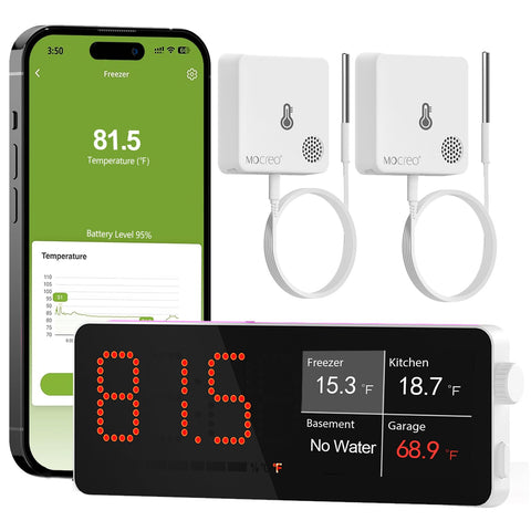 MOCREO H5Lite hub display shows temperature, alerts, and charts at a glance.