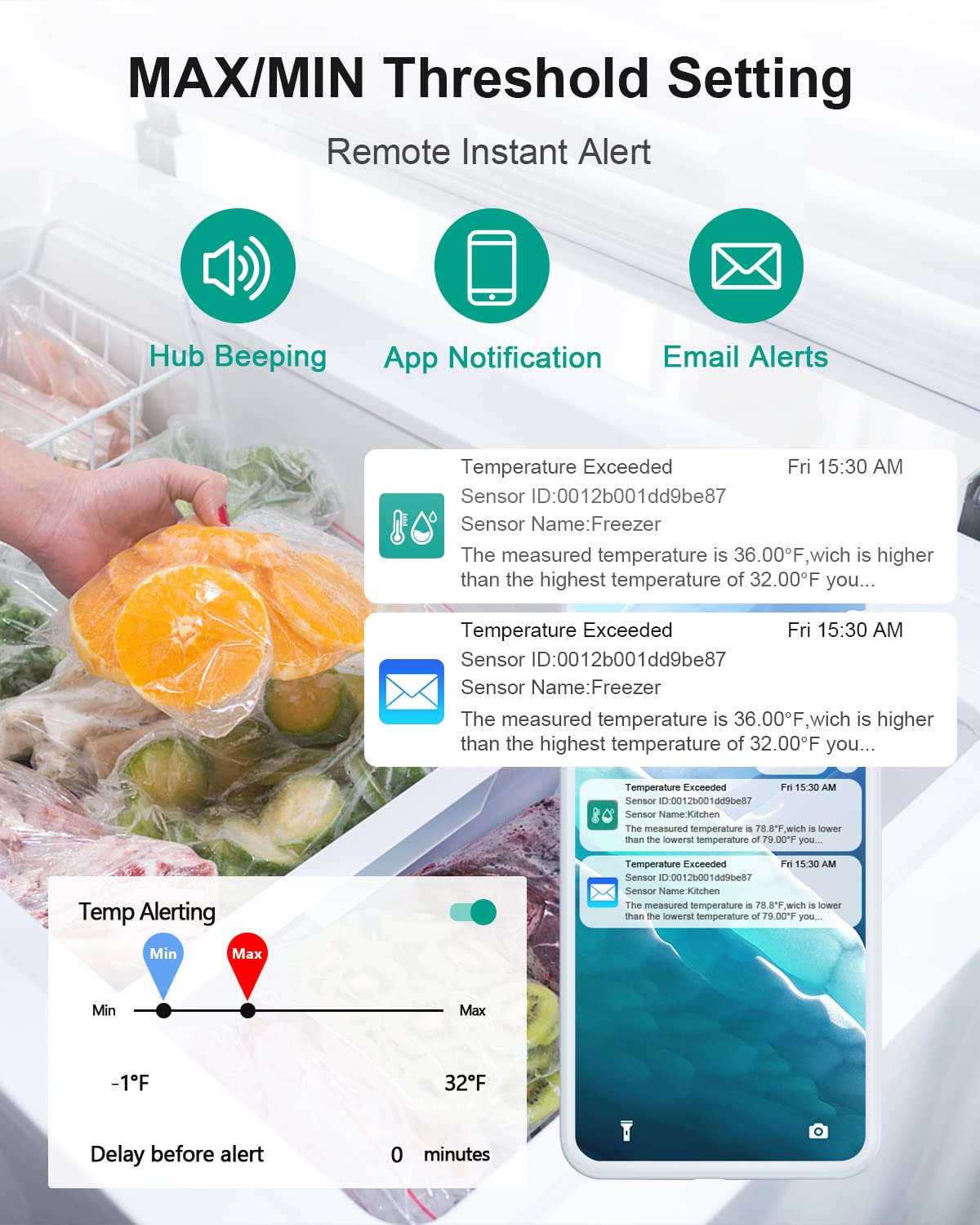 MOCREO WiFi thermometer app alerts view for instant notifications
