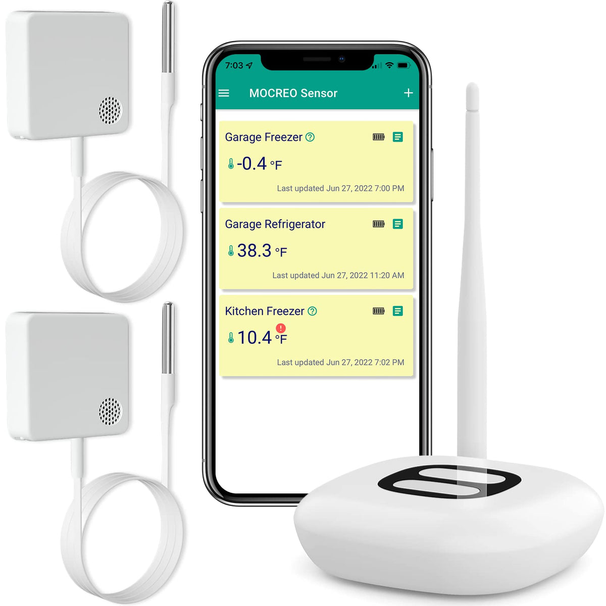 MOCREO WiFi thermometer hub display with live temps and alerts