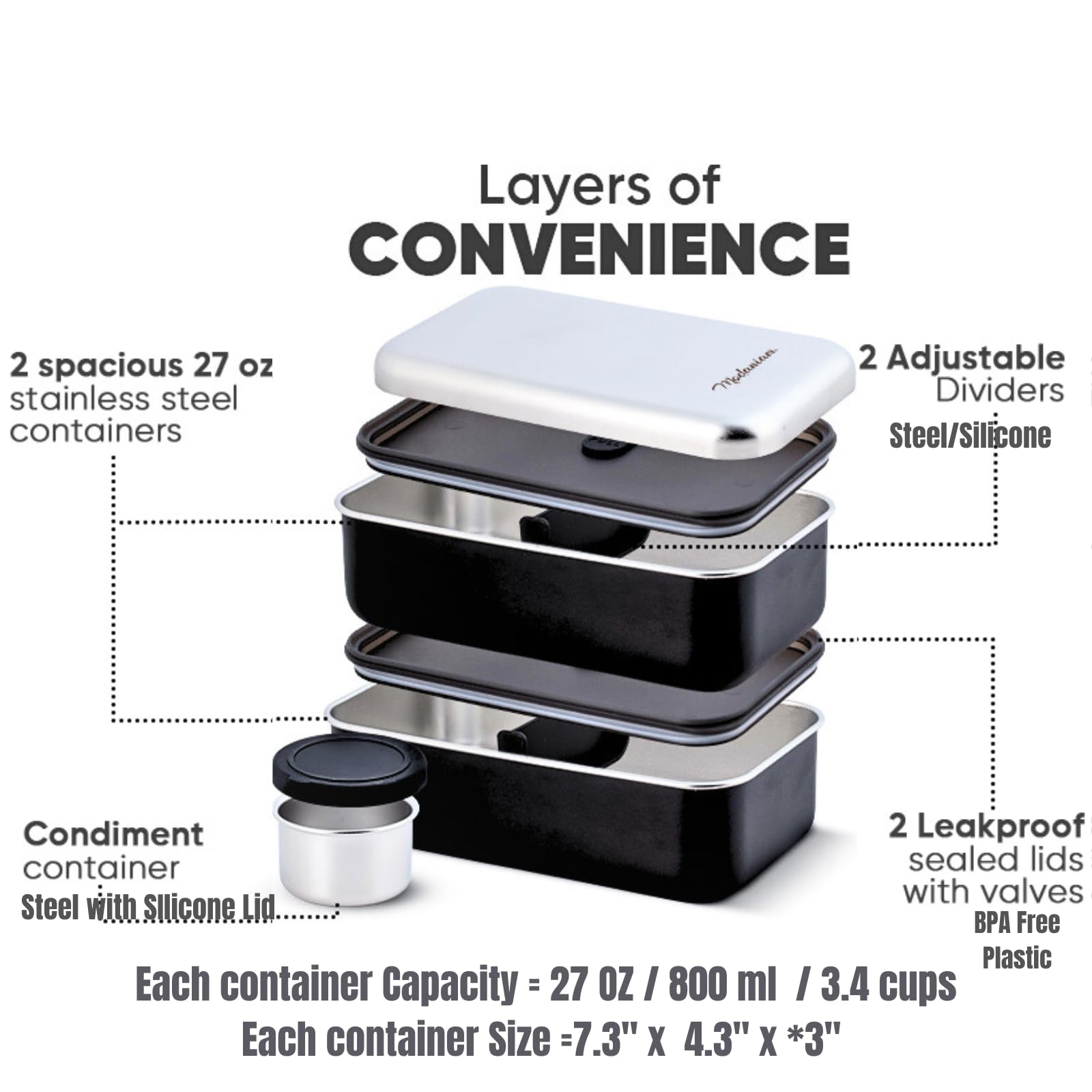 Modaniam stainless steel lunch container highlighting durability and shatter-proof build.