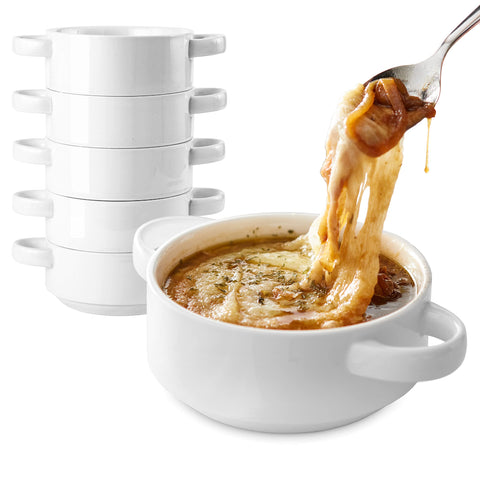 Modern Innovations 20oz white soup bowls with dual handles for easy serving.