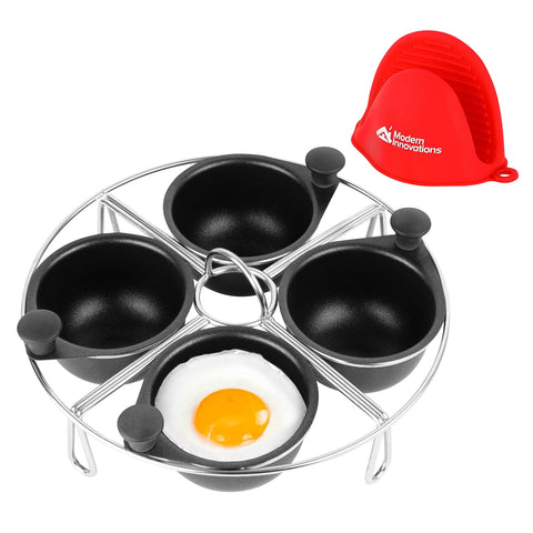 Modern Innovations 4-Cup Egg Poacher Tray base with long handle enables stable poaching.
