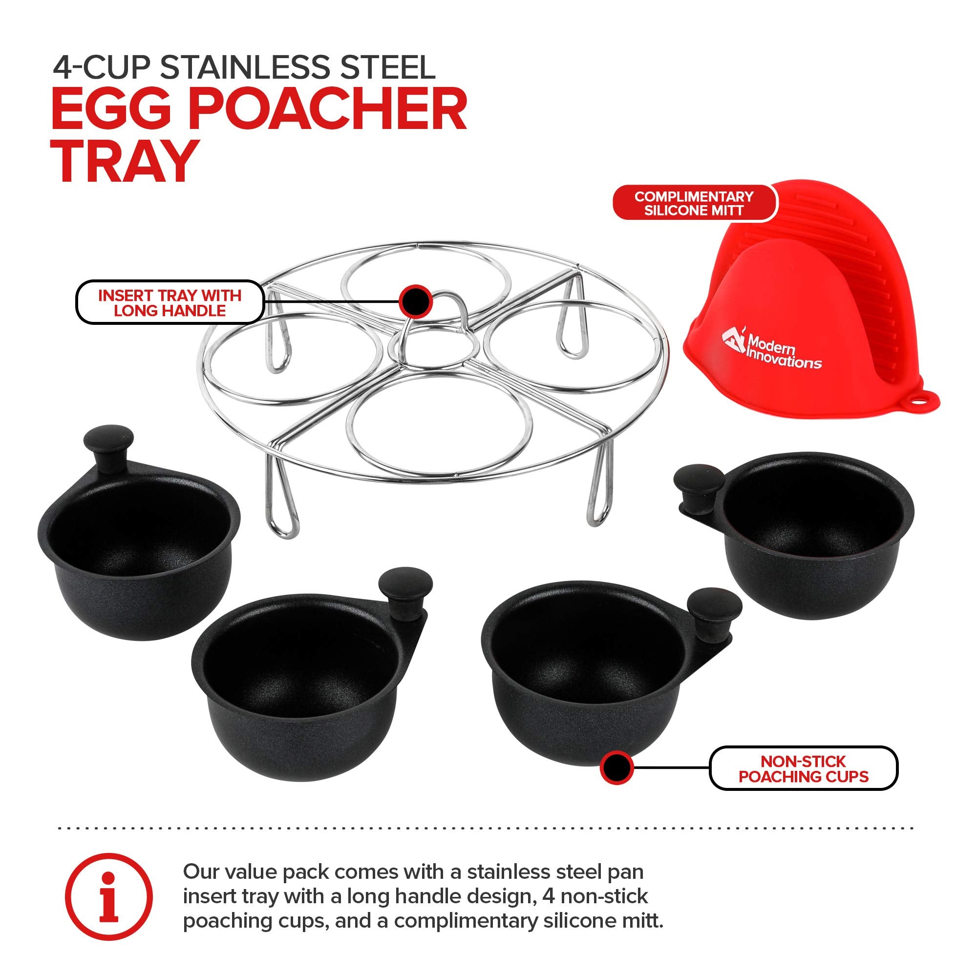 Modern Innovations nonstick egg poacher cups release easily for quick poaching.