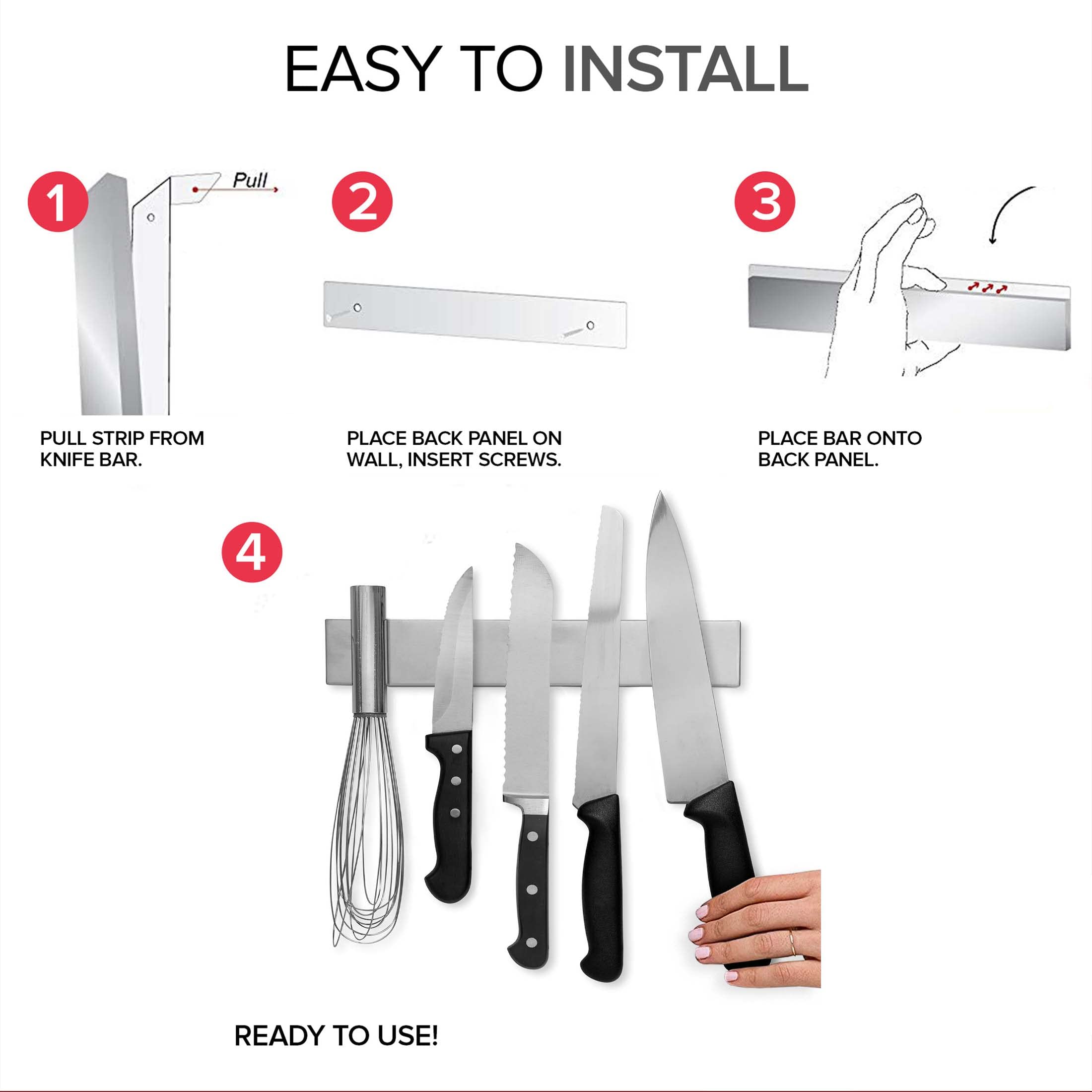 Knives displayed on Modern Innovations bar for quick reach.