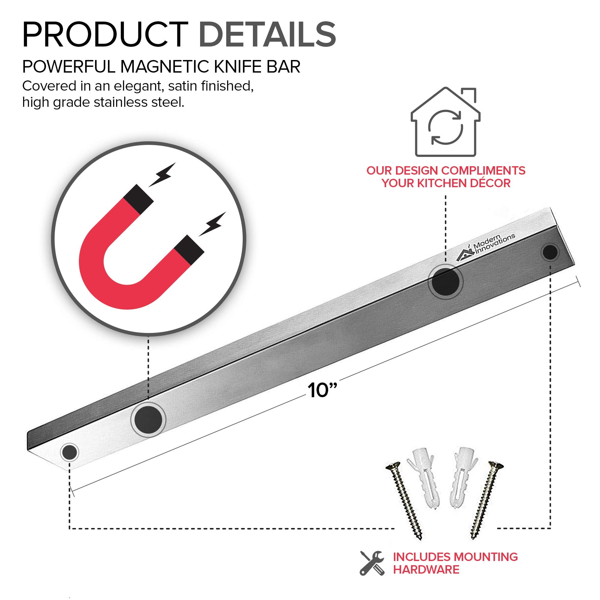 Modern Innovations magnetic knife strip holds multiple knives for organized storage.