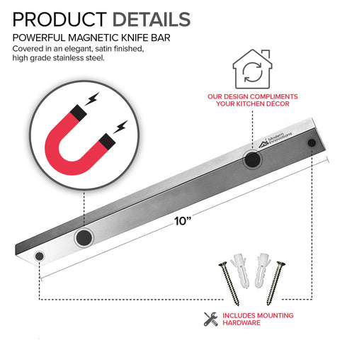 Modern Innovations magnetic knife strip holds multiple knives for organized storage.