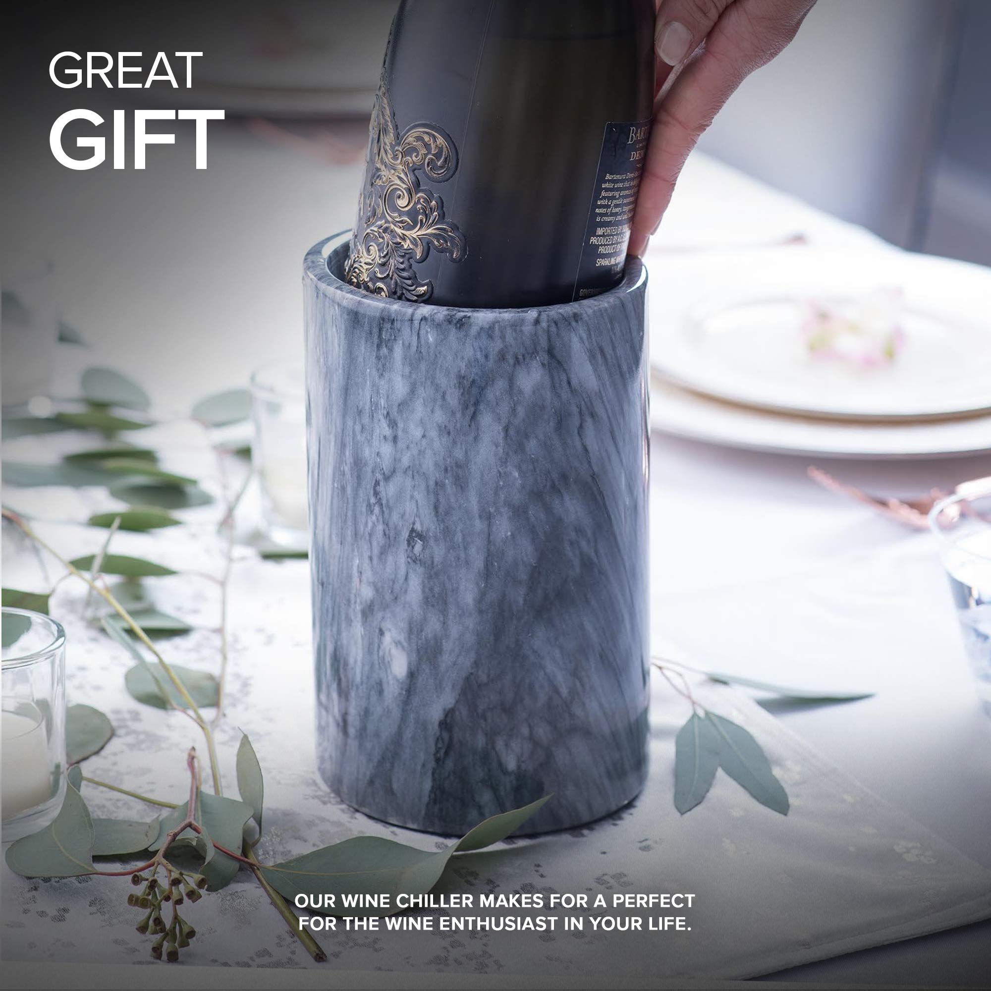 Modern Innovations marble wine chiller bucket non-slip base protects surfaces.