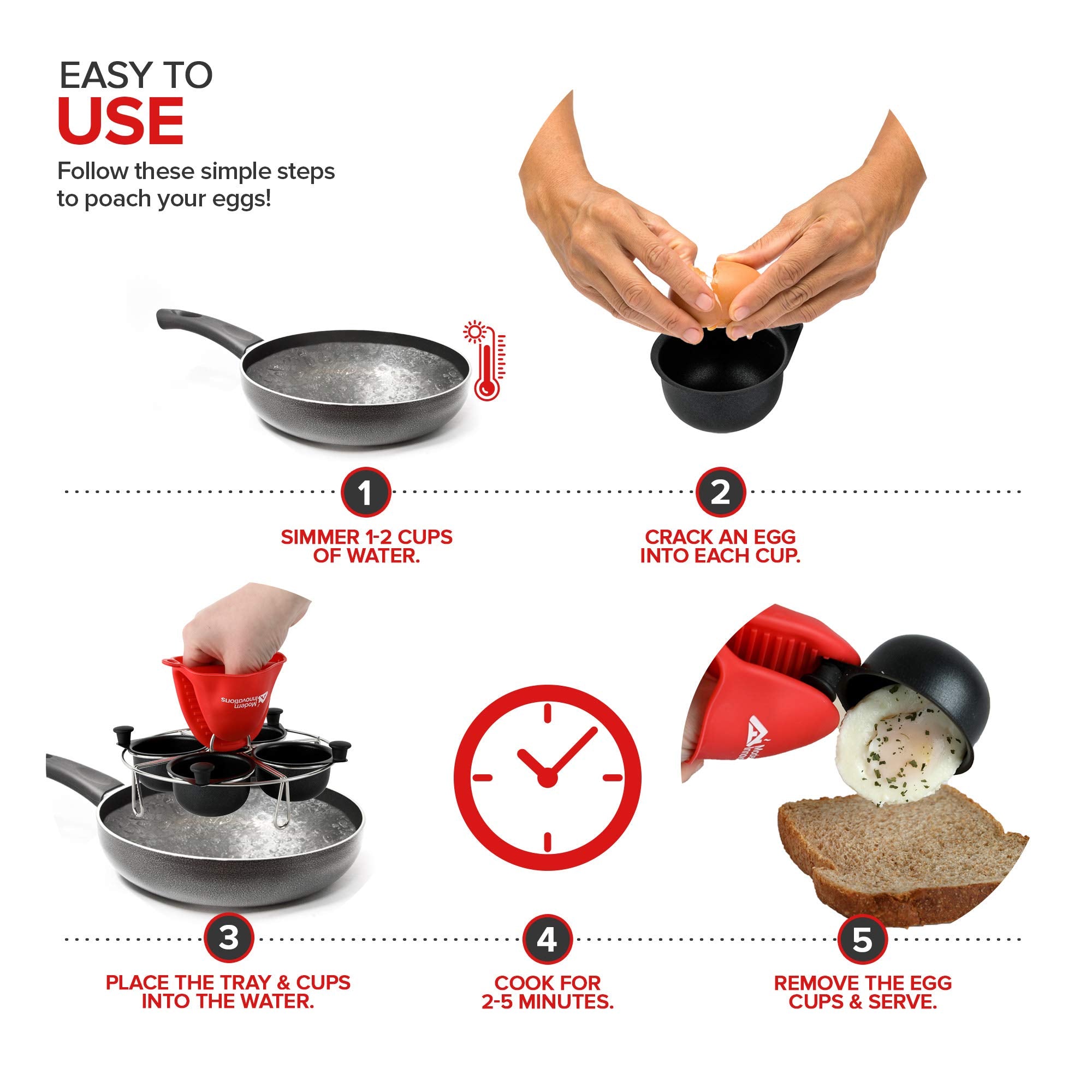Modern Innovations upright cups prevent tipping for consistent poached eggs.