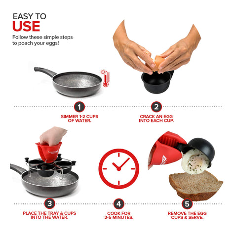 Modern Innovations upright cups prevent tipping for consistent poached eggs.