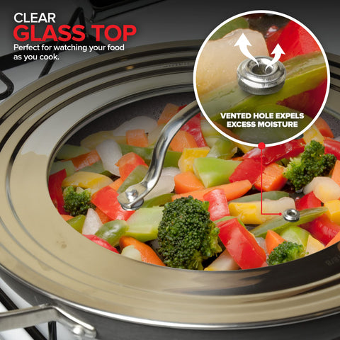 Modern Innovations universal lid fits 8.25 to 12 inch cookware.