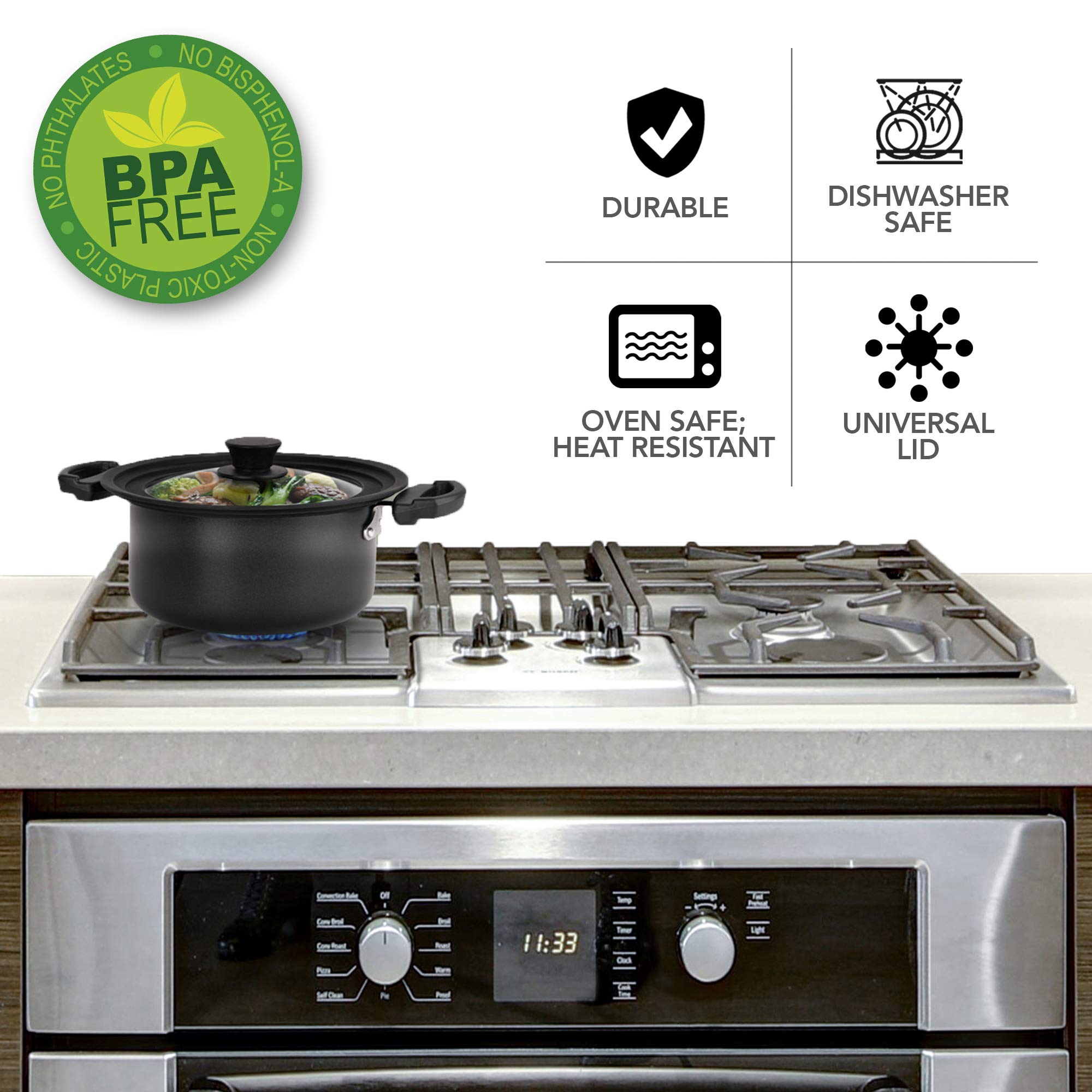 Modern Innovations universal lid for 10-inch cookware featuring silicone seal and easy monitoring.
