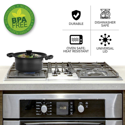 Modern Innovations universal lid for 10-inch cookware featuring silicone seal and easy monitoring.