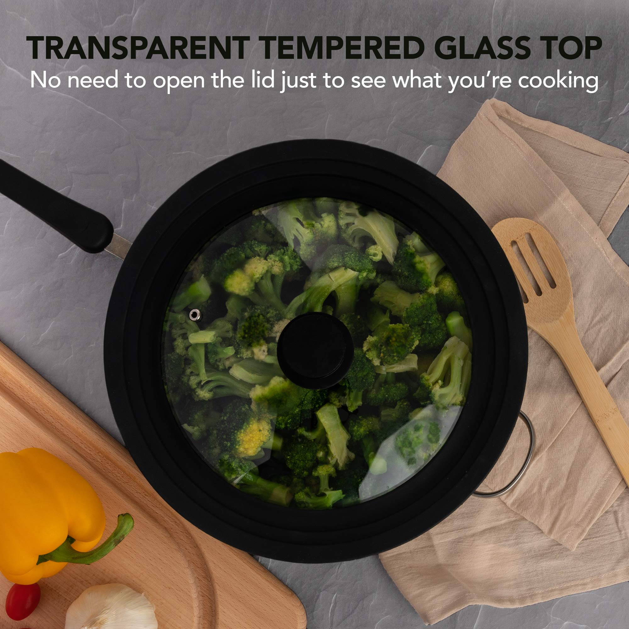 Modern Innovations universal lid for 11-inch cookware offers steam control and durable glass.