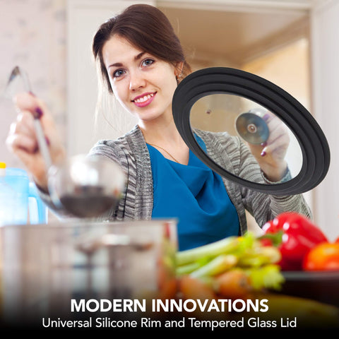 Modern Innovations universal lid for 12-inch cookware with dishwasher-safe silicone and vent.