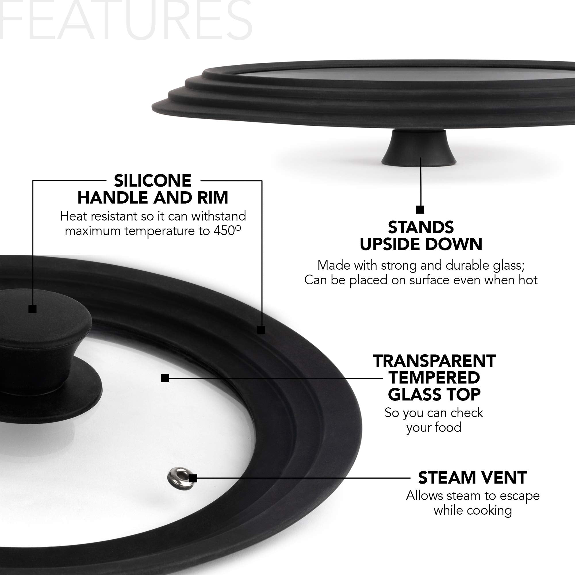 Modern Innovations universal lid for 9-inch cookware with heat-resistant knob and visibility.