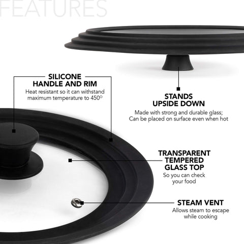 Modern Innovations universal lid for 9-inch cookware with heat-resistant knob and visibility.