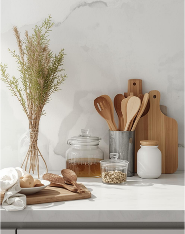 Organized kitchen countertop with everyday tools in a modern Canadian kitchen