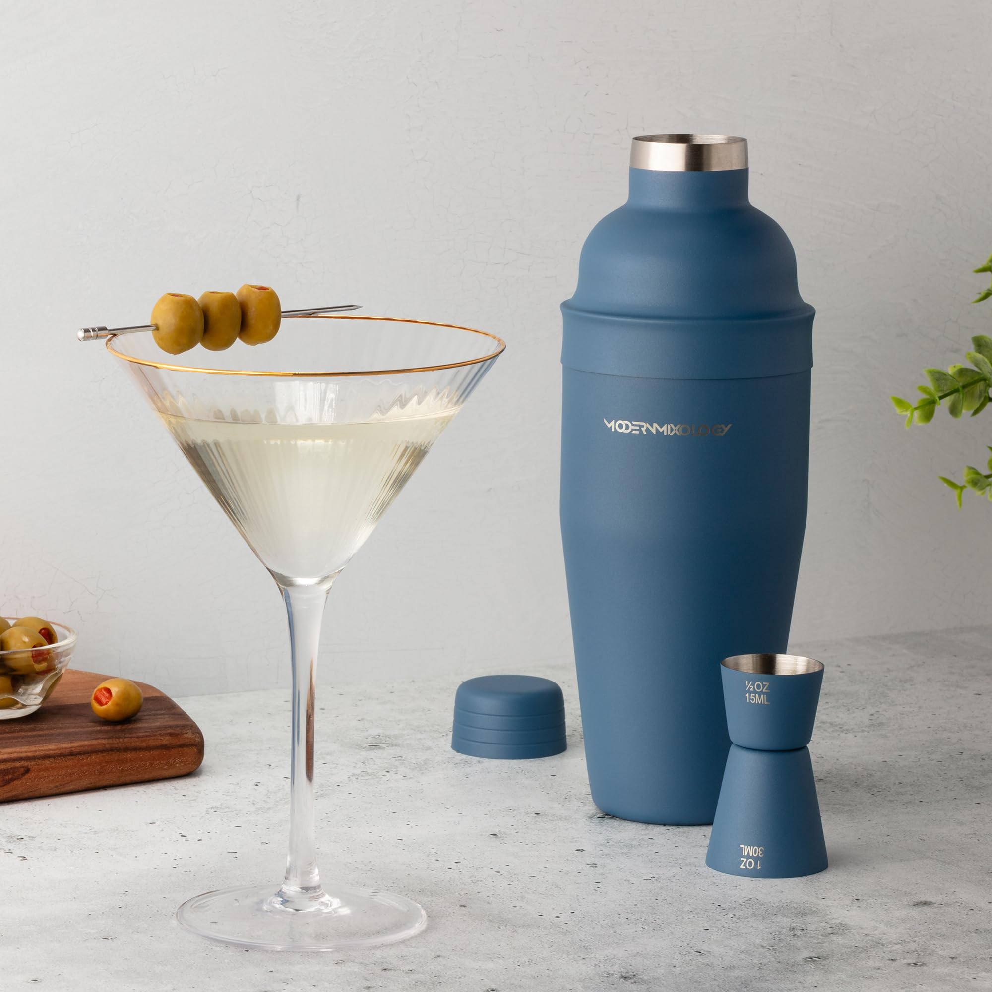 Modern Mixology gift-ready matte blue shaker set for celebrations.