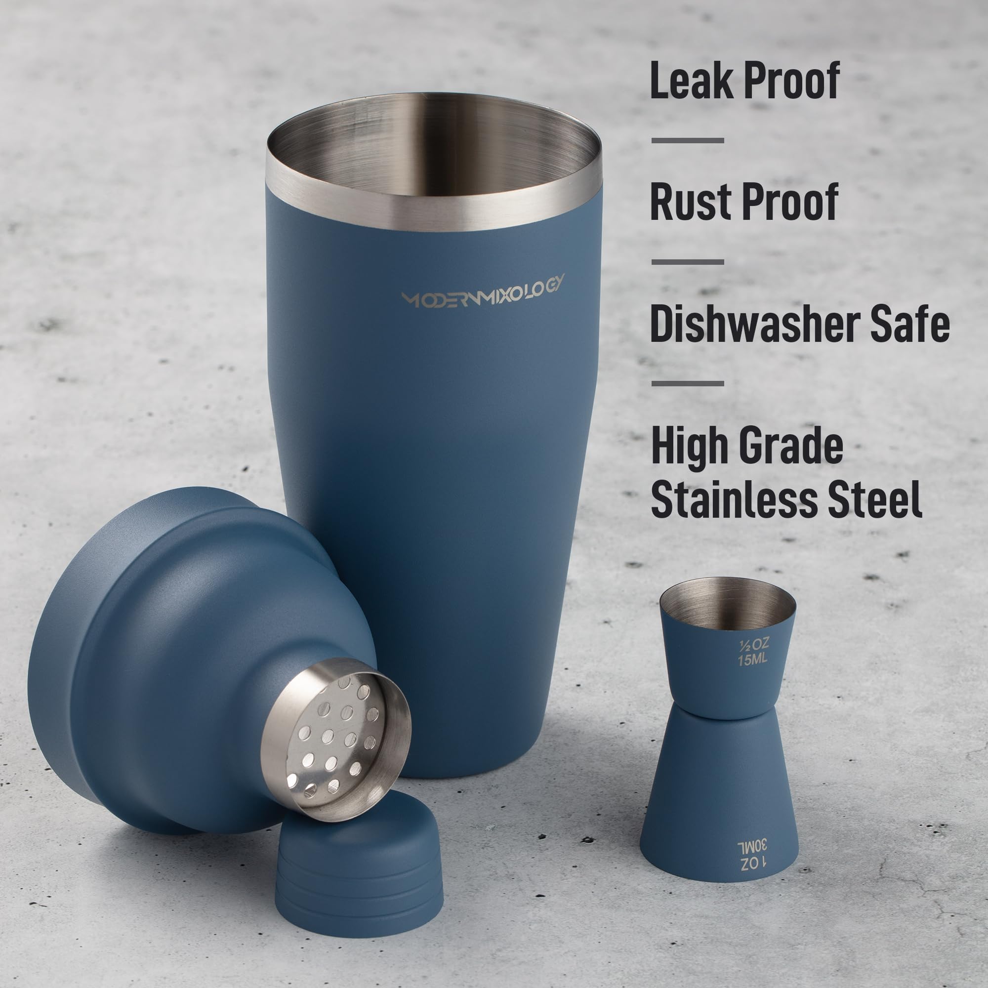 Modern Mixology shaker with built-in strainer and cap for clean pours.