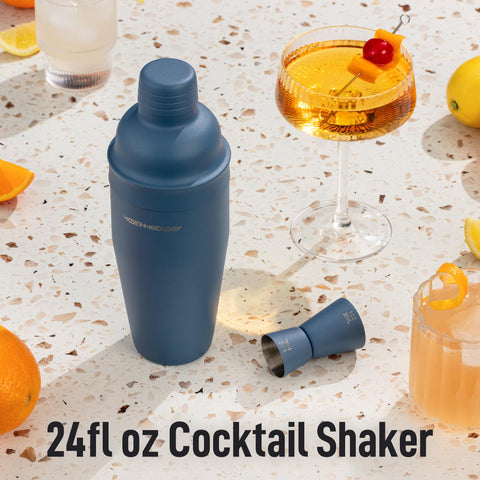 Modern Mixology stainless steel shaker with matte blue finish resisting fingerprints.
