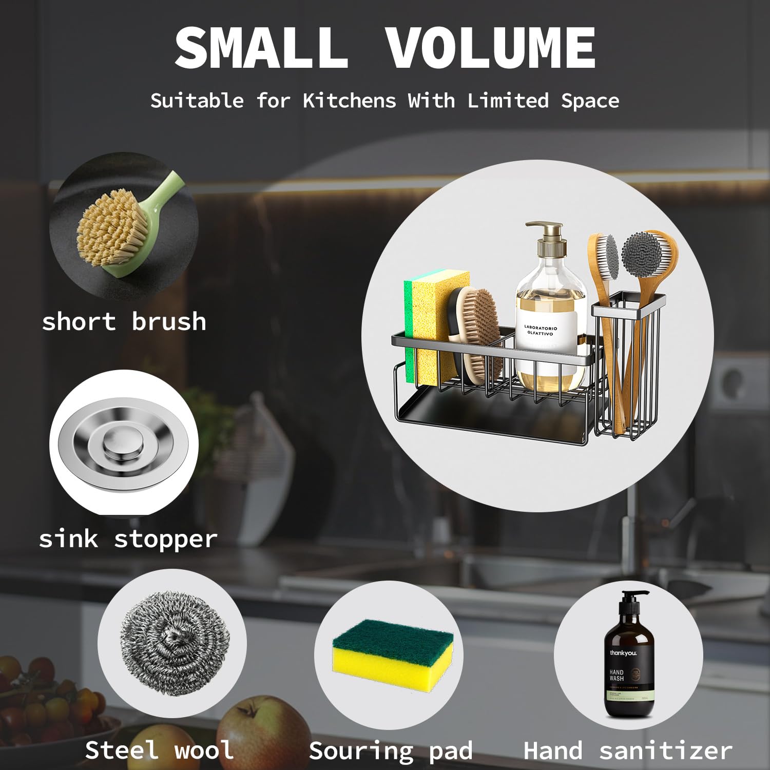 MODRACKLY compact sink caddy fits 8-inch spaces in small kitchens.