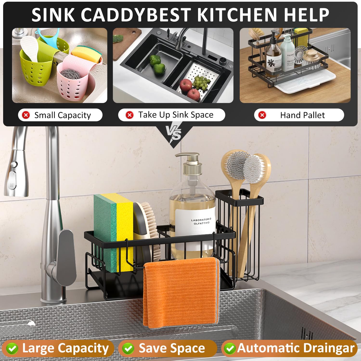 MODRACKLY rustproof kitchen organizer in black finish for busy sinks.