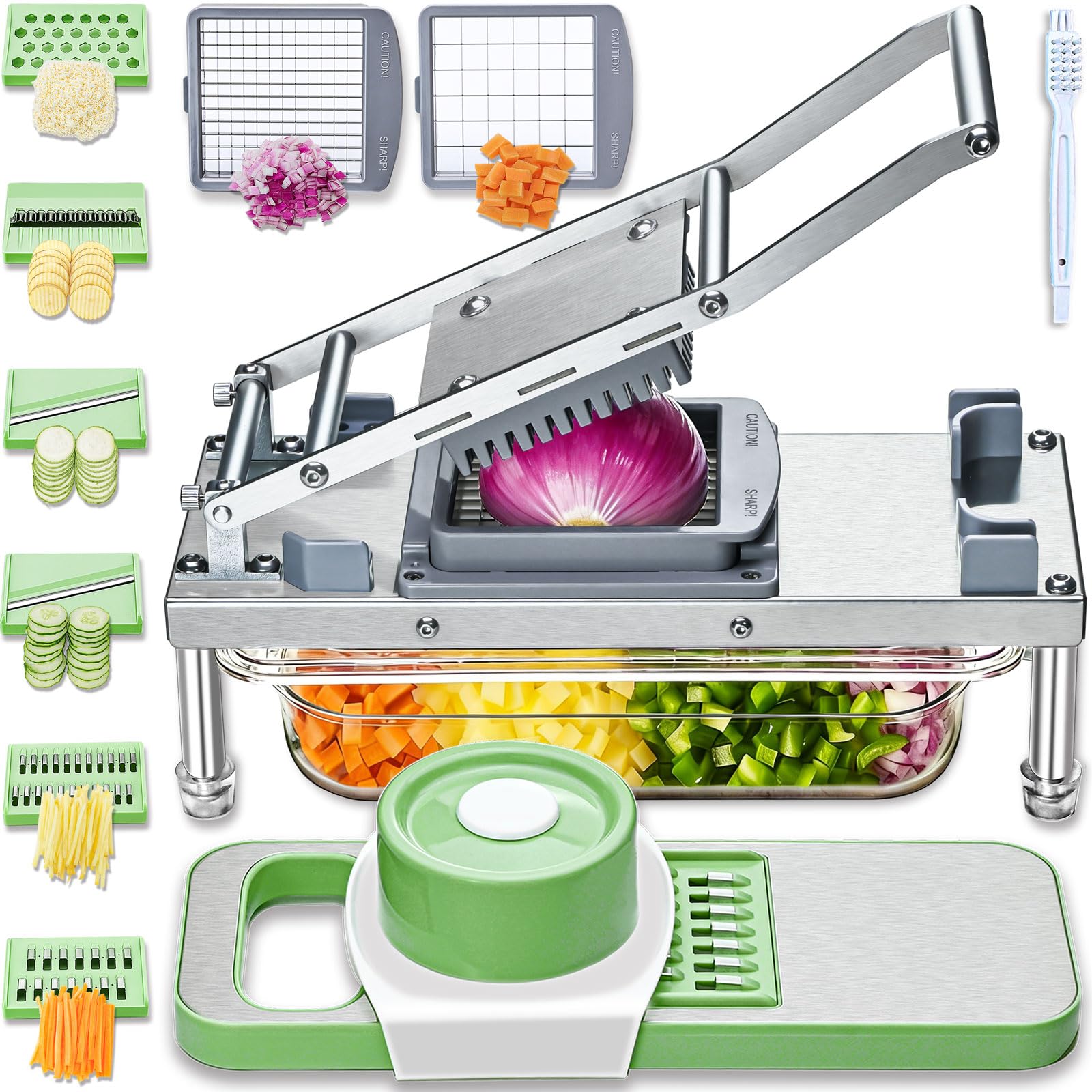 Moeuonb all-in-one vegetable chopper top view with eight blades for versatile slicing