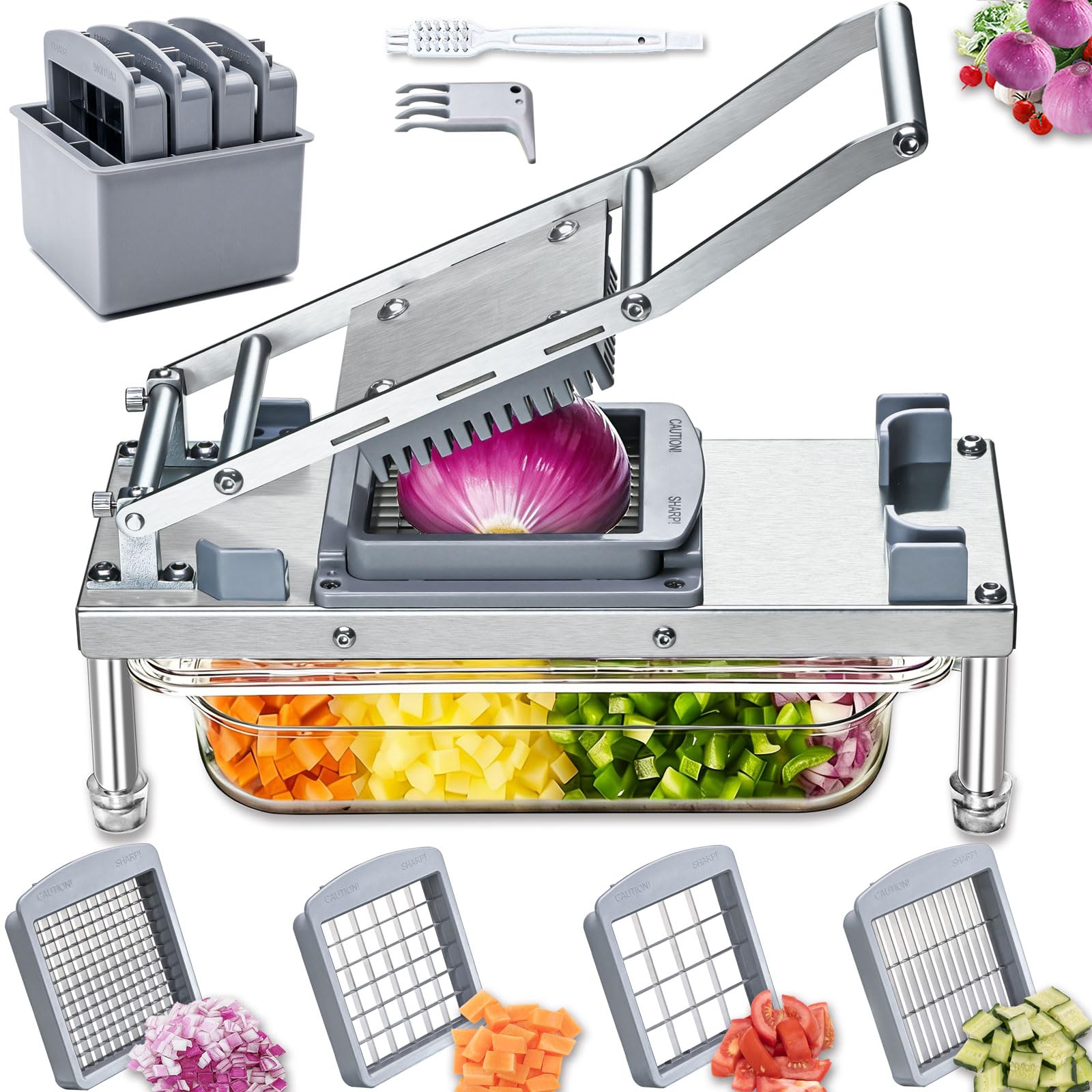 Moeuonb stainless steel vegetable chopper with four blades, front view for quick prep.