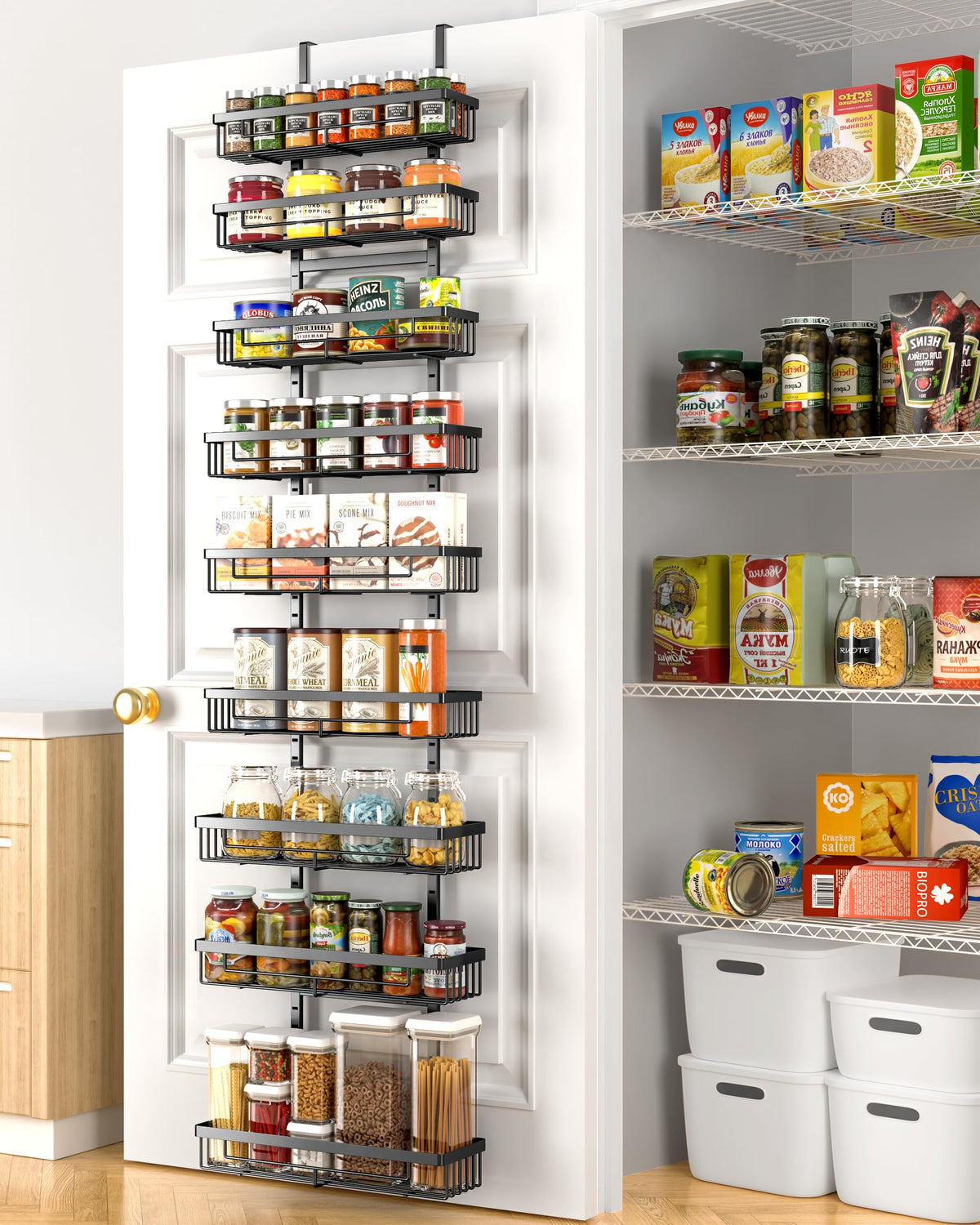 Moforoco 9-Tier pantry organizer front view with spacious spice shelves for easy access.