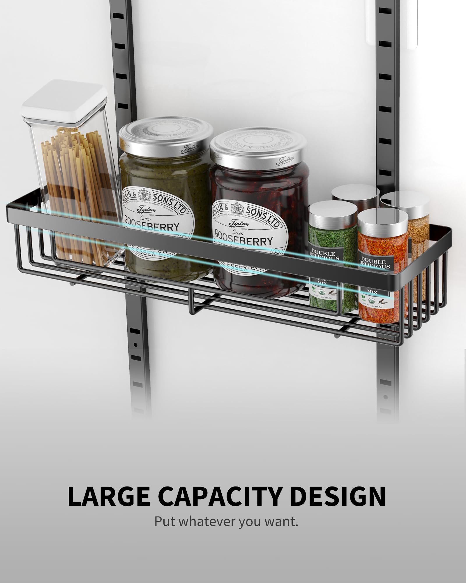 Moforoco pantry organizer mounted on door showcasing sturdy metal construction.