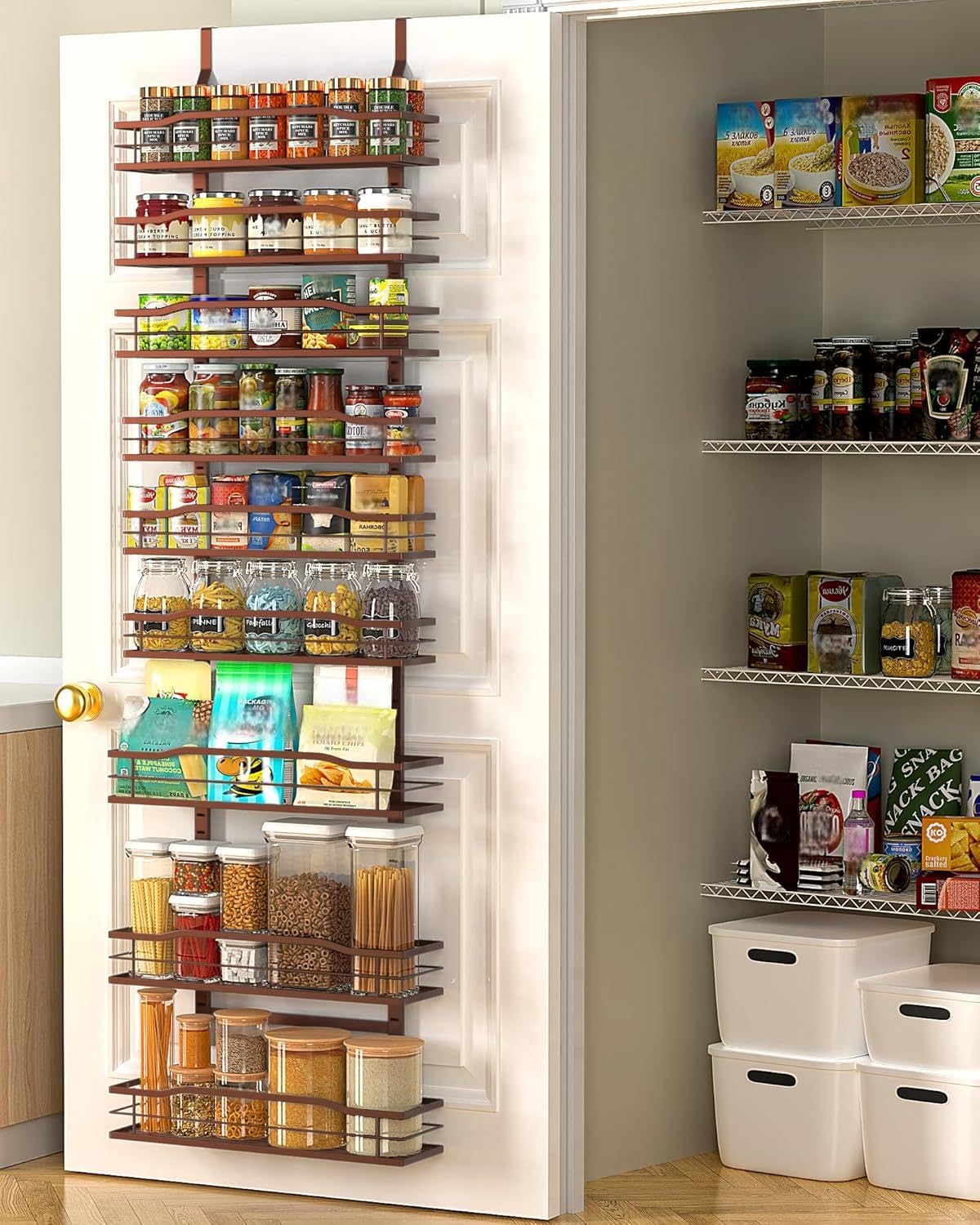 Moforoco Bronze 9-Tier Over-the-Door Organizer on door keeps spices neatly organized