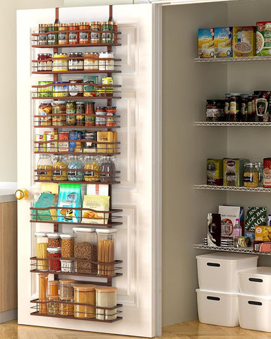 Moforoco Bronze 9-Tier Over-the-Door Organizer on door keeps spices neatly organized