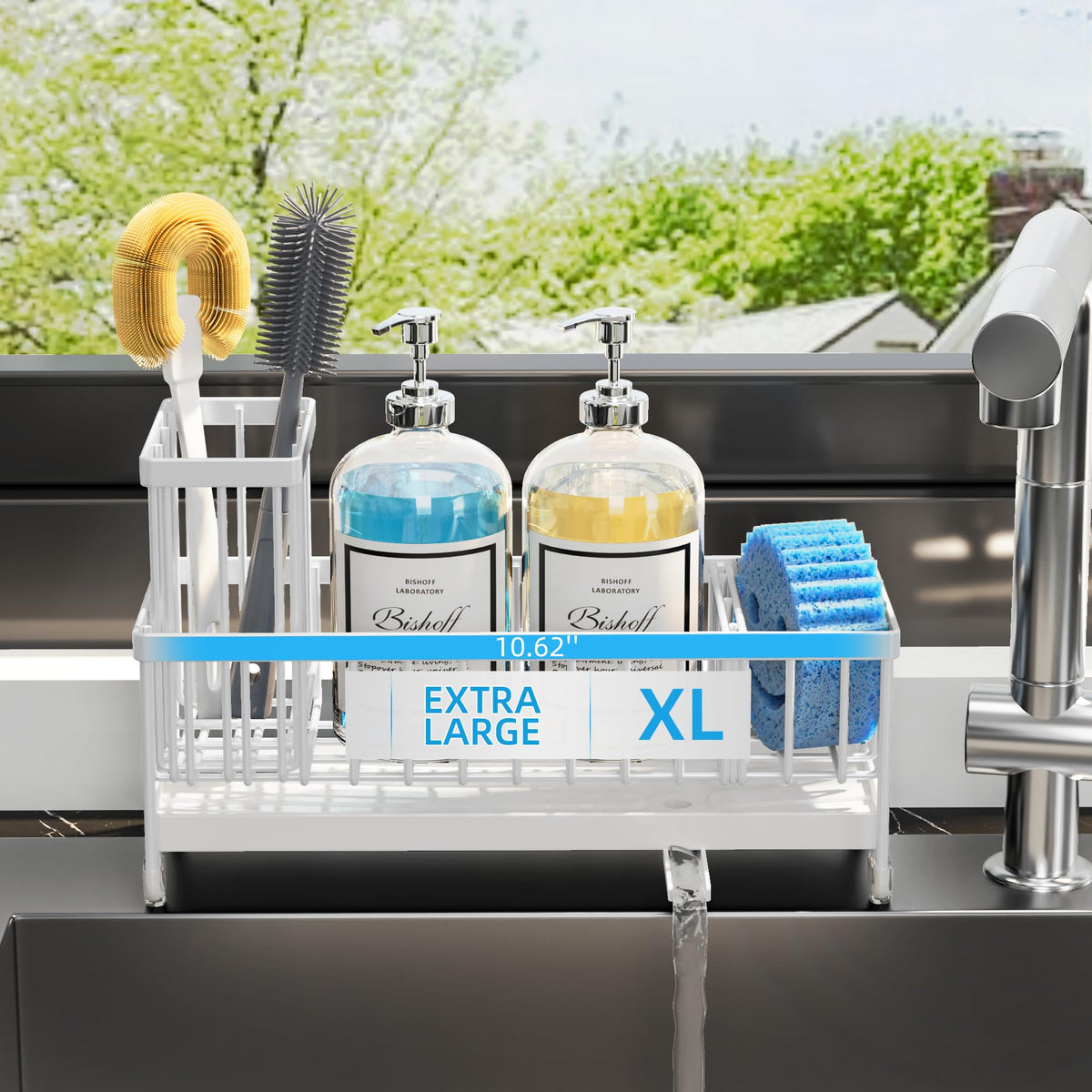 Moforoco extra-large sink caddy lengthened side view keeps counters tidy and organized.